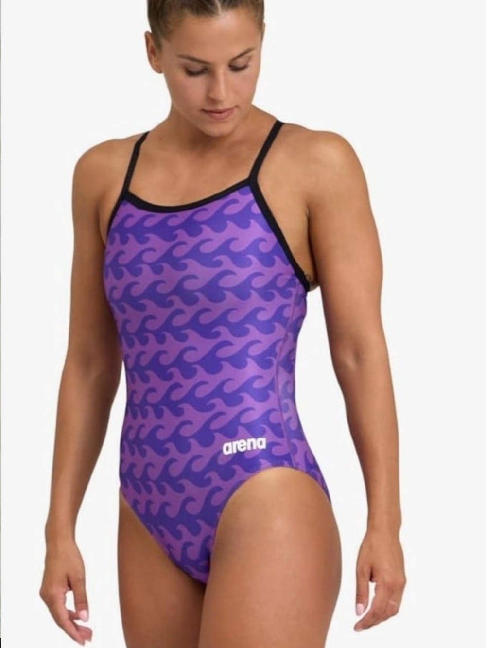 Arena Women's Purple Wave-Print One-Piece Swimsuit with Black Trim